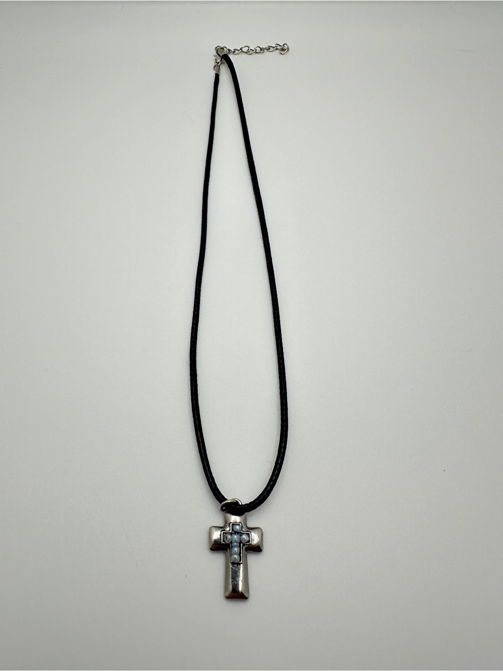 Black Cord Cross Necklace with Silver Pendant